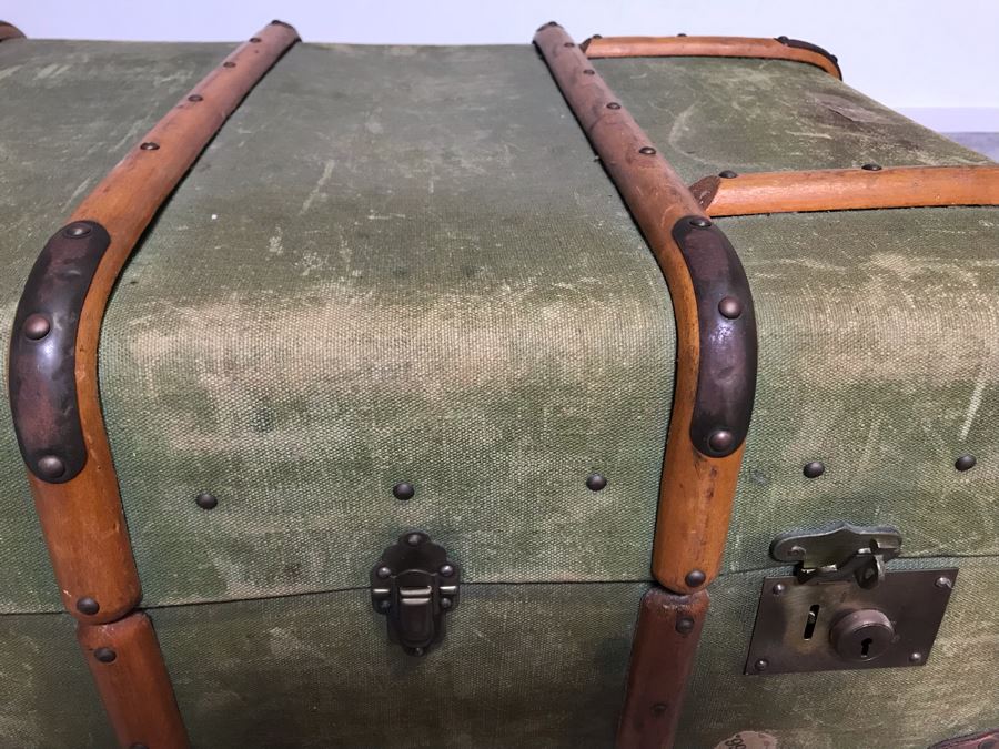 Vintage Canvas, Leather And Wooden Railroad Suitcase Luggage Baggage With Railway Stickers 37”W X 22”D X 14”H [Photo 22]