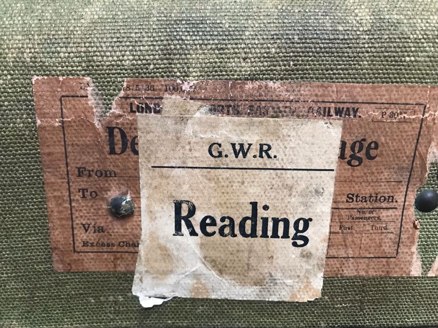 Vintage Canvas, Leather And Wooden Railroad Suitcase Luggage Baggage With Railway Stickers 37”W X 22”D X 14”H [Photo 11]