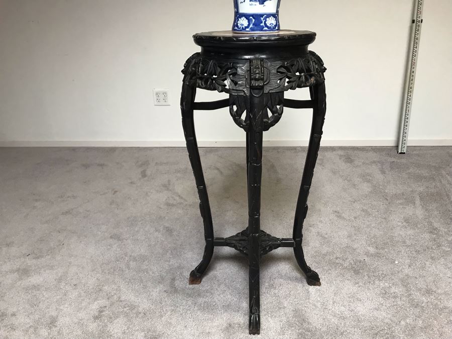 Antique Chinese Rosewood Fern Stand Table With Marble Top 36”H X 19”W [Photo 2]