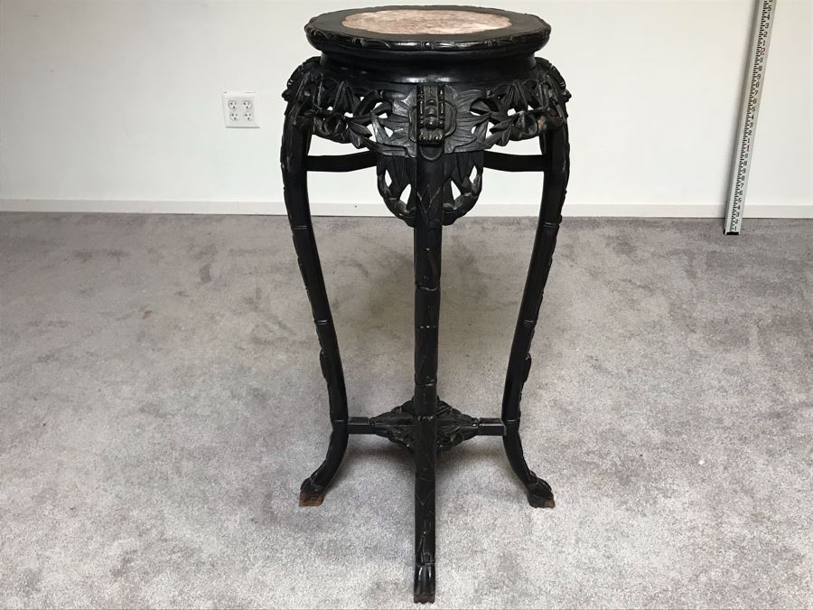 Antique Chinese Rosewood Fern Stand Table With Marble Top 36”H X 19”W