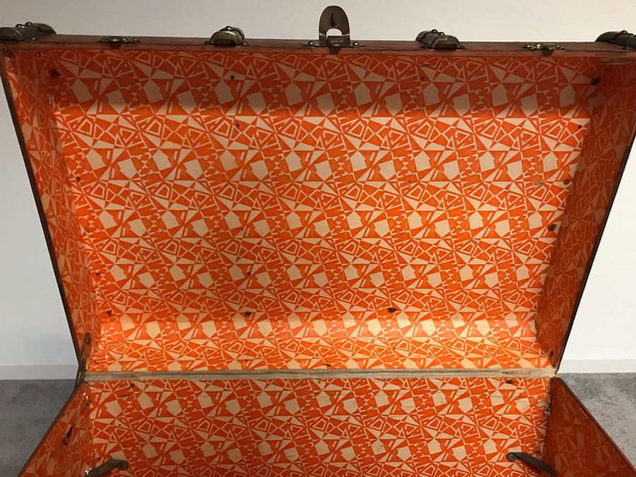 Vintage Brass And Wooden Steamer Trunk With Railway Stickers And Leather Handles 31”W X 22”D X 22”H [Photo 22]