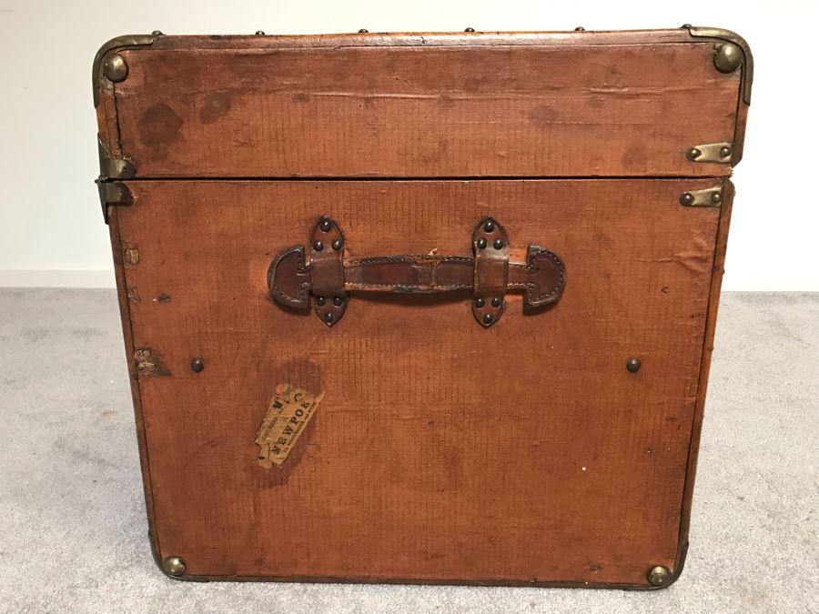 Vintage Brass And Wooden Steamer Trunk With Railway Stickers And Leather Handles 31”W X 22”D X 22”H [Photo 14]