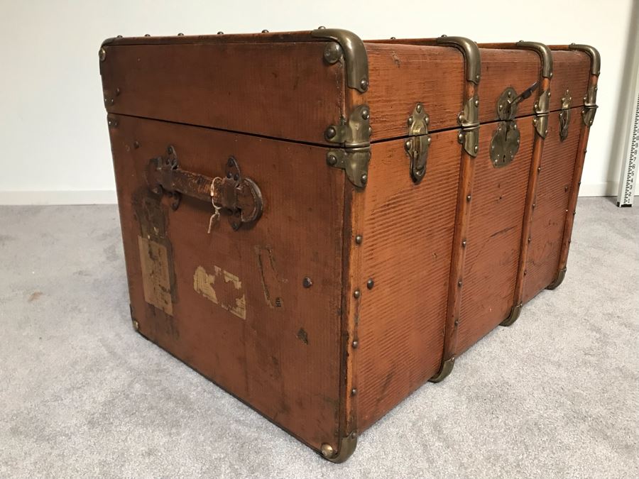 Vintage Brass And Wooden Steamer Trunk With Railway Stickers And Leather Handles 31”W X 22”D X 22”H [Photo 5]