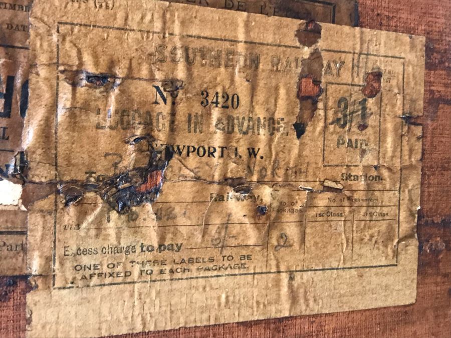 Vintage Brass And Wooden Steamer Trunk With Railway Stickers And Leather Handles 31”W X 22”D X 22”H [Photo 8]