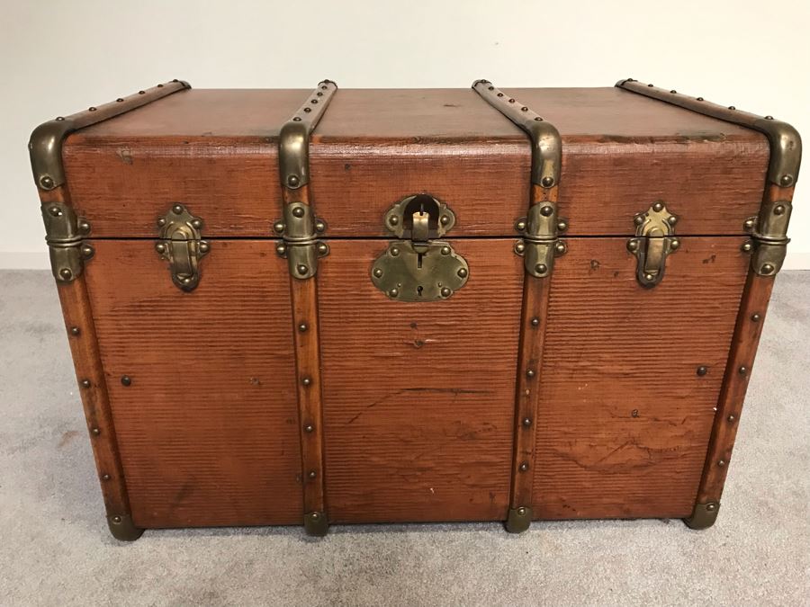 Vintage Brass And Wooden Steamer Trunk With Railway Stickers And Leather Handles 31”W X 22”D X 22”H [Photo 4]