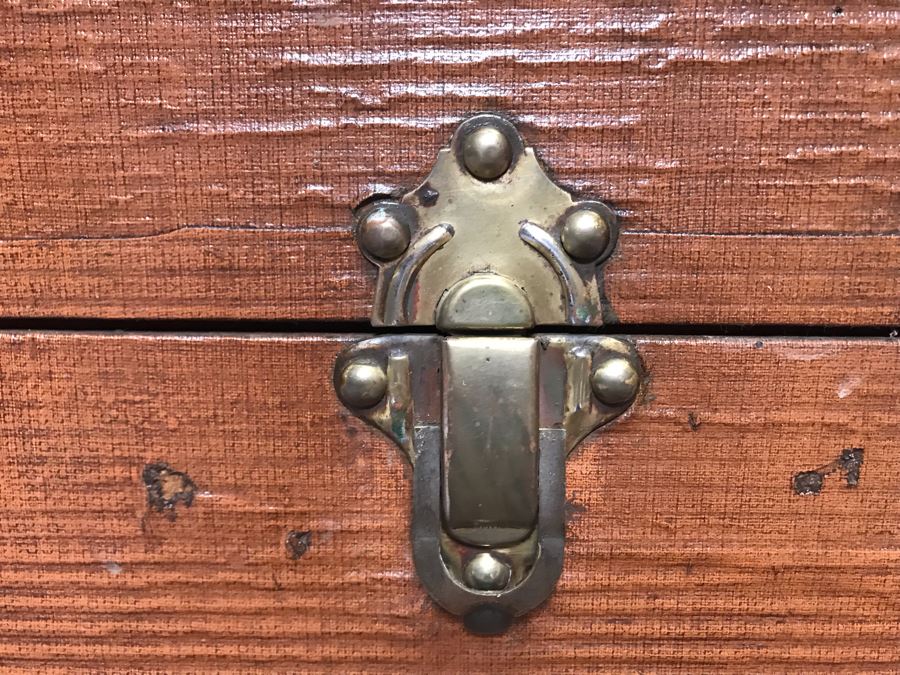 Vintage Brass And Wooden Steamer Trunk With Railway Stickers And Leather Handles 31”W X 22”D X 22”H [Photo 18]