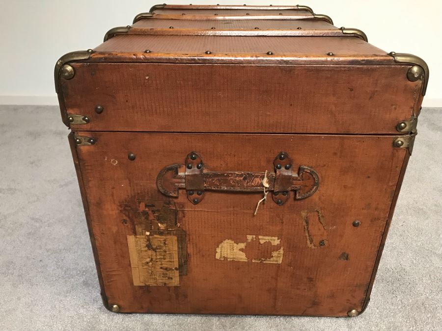 Vintage Brass And Wooden Steamer Trunk With Railway Stickers And Leather Handles 31”W X 22”D X 22”H [Photo 6]