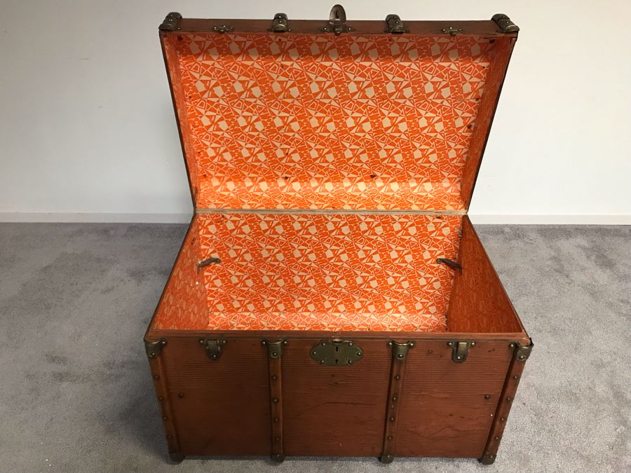 Vintage Brass And Wooden Steamer Trunk With Railway Stickers And Leather Handles 31”W X 22”D X 22”H [Photo 21]