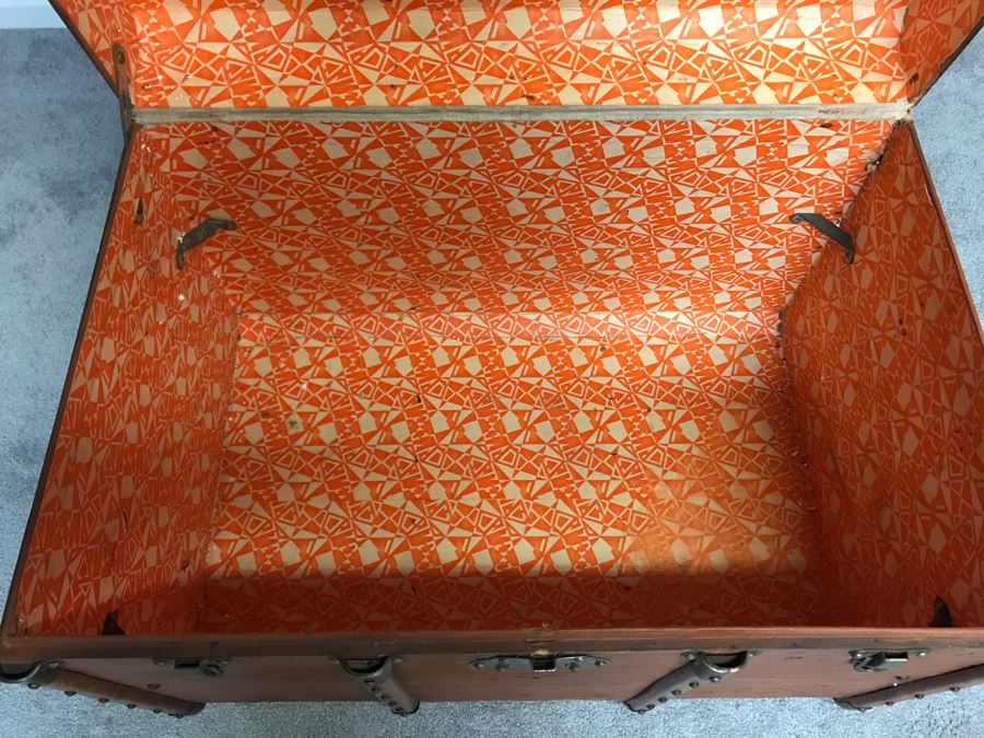 Vintage Brass And Wooden Steamer Trunk With Railway Stickers And Leather Handles 31”W X 22”D X 22”H [Photo 23]