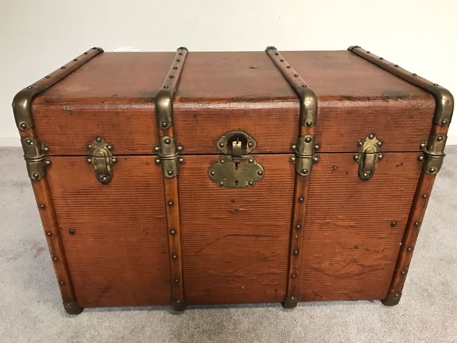 Vintage Brass And Wooden Steamer Trunk With Railway Stickers And Leather Handles 31”W X 22”D X 22”H [Photo 3]