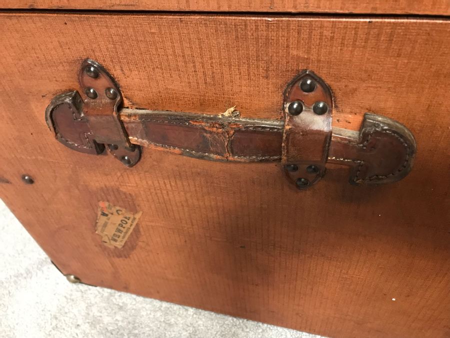 Vintage Brass And Wooden Steamer Trunk With Railway Stickers And Leather Handles 31”W X 22”D X 22”H [Photo 16]