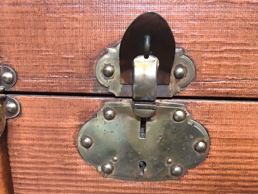Vintage Brass And Wooden Steamer Trunk With Railway Stickers And Leather Handles 31”W X 22”D X 22”H [Photo 19]