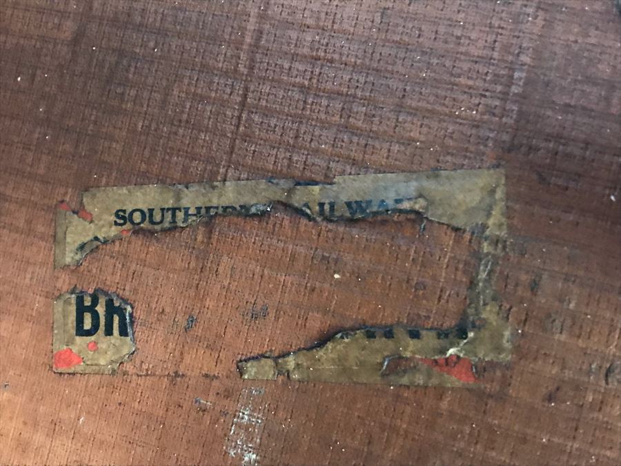 Vintage Brass And Wooden Steamer Trunk With Railway Stickers And Leather Handles 31”W X 22”D X 22”H [Photo 10]