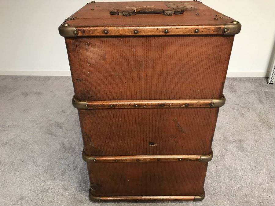 Vintage Brass And Wooden Steamer Trunk With Railway Stickers And Leather Handles 31”W X 22”D X 22”H [Photo 26]