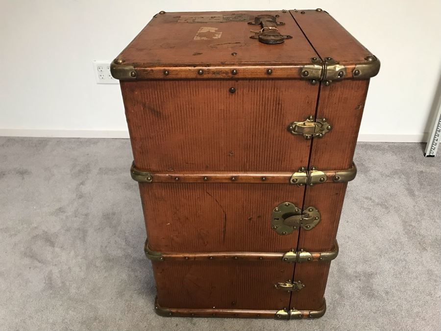 Vintage Brass And Wooden Steamer Trunk With Railway Stickers And Leather Handles 31”W X 22”D X 22”H [Photo 24]
