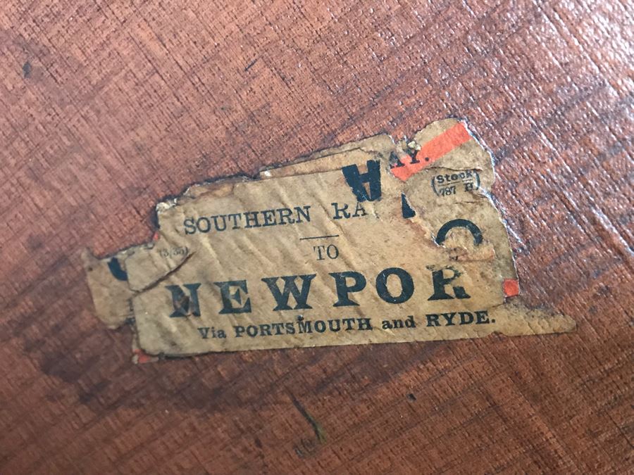 Vintage Brass And Wooden Steamer Trunk With Railway Stickers And Leather Handles 31”W X 22”D X 22”H [Photo 17]