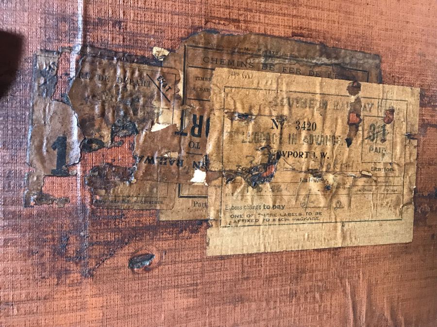 Vintage Brass And Wooden Steamer Trunk With Railway Stickers And Leather Handles 31”W X 22”D X 22”H [Photo 2]