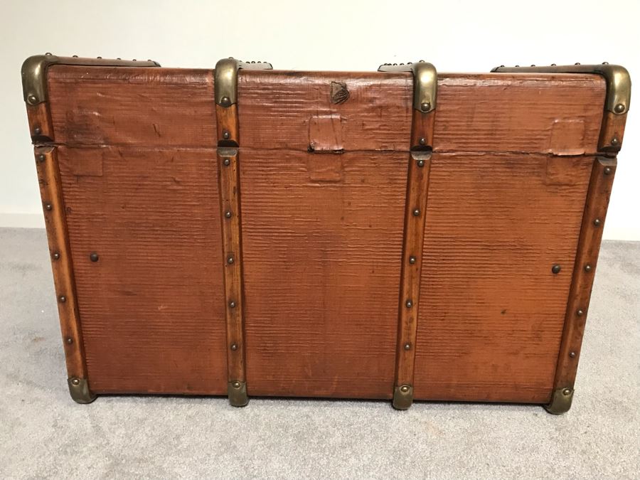 Vintage Brass And Wooden Steamer Trunk With Railway Stickers And Leather Handles 31”W X 22”D X 22”H [Photo 11]