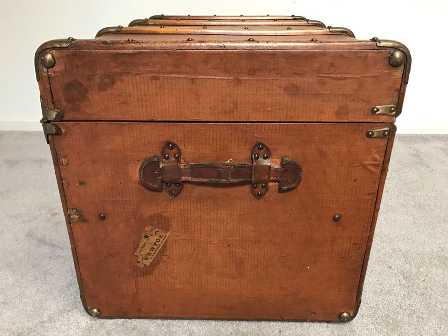 Vintage Brass And Wooden Steamer Trunk With Railway Stickers And Leather Handles 31”W X 22”D X 22”H [Photo 13]