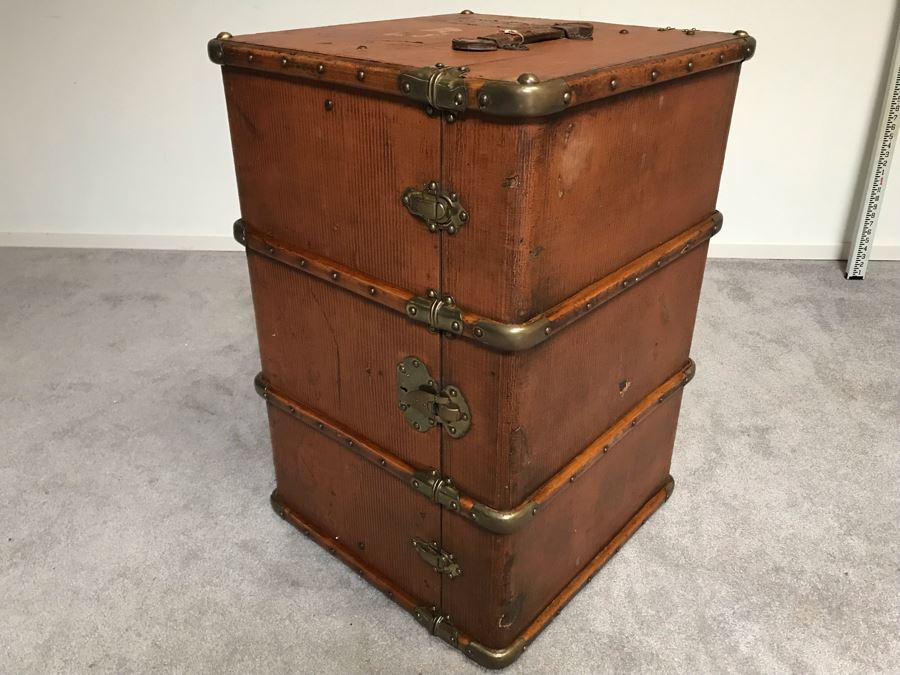 Vintage Brass And Wooden Steamer Trunk With Railway Stickers And Leather Handles 31”W X 22”D X 22”H [Photo 25]