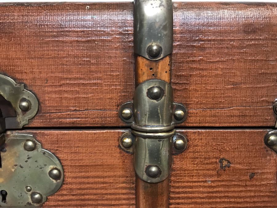 Vintage Brass And Wooden Steamer Trunk With Railway Stickers And Leather Handles 31”W X 22”D X 22”H [Photo 20]