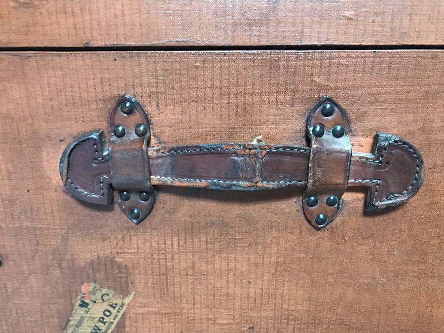 Vintage Brass And Wooden Steamer Trunk With Railway Stickers And Leather Handles 31”W X 22”D X 22”H [Photo 15]