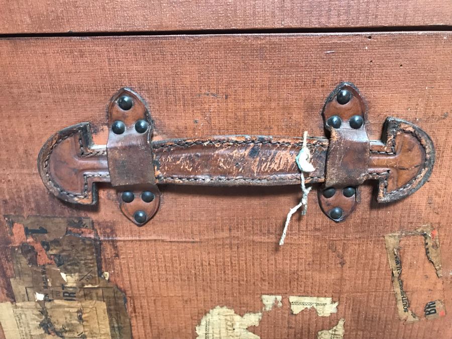 Vintage Brass And Wooden Steamer Trunk With Railway Stickers And Leather Handles 31”W X 22”D X 22”H [Photo 7]
