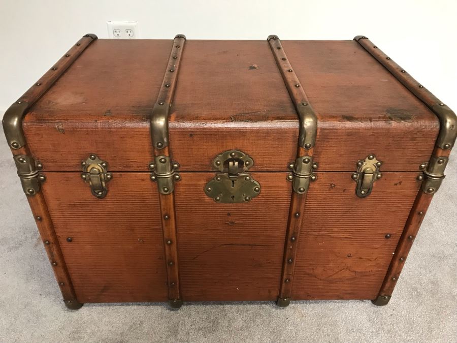 Vintage Brass And Wooden Steamer Trunk With Railway Stickers And Leather Handles 31”W X 22”D X 22”H
