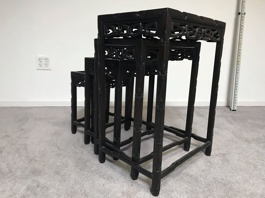 Set Of (4) Vintage Rosewood Chinese Hong Kong Nesting Tables [Photo 3]