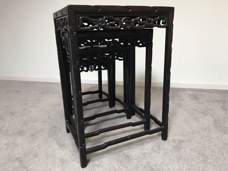 Set Of (4) Vintage Rosewood Chinese Hong Kong Nesting Tables [Photo 11]