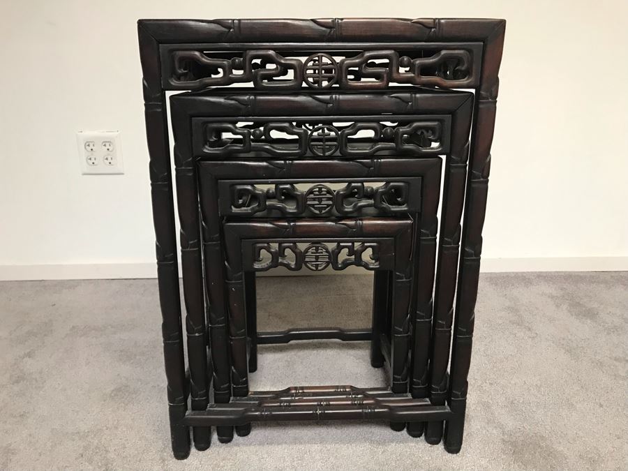 Set Of (4) Vintage Rosewood Chinese Hong Kong Nesting Tables [Photo 6]