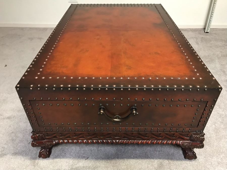 Stunning Ralph Lauren Coffee Table Decorated With Brass Nail Heads And Ball And Claw Feet With Two Side Drawers [Photo 22]
