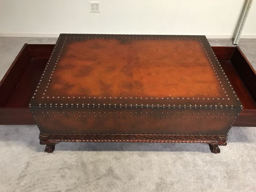 Stunning Ralph Lauren Coffee Table Decorated With Brass Nail Heads And Ball And Claw Feet With Two Side Drawers [Photo 19]
