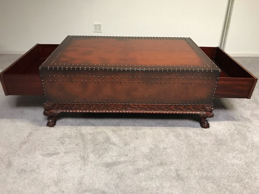 Stunning Ralph Lauren Coffee Table Decorated With Brass Nail Heads And Ball And Claw Feet With Two Side Drawers [Photo 18]