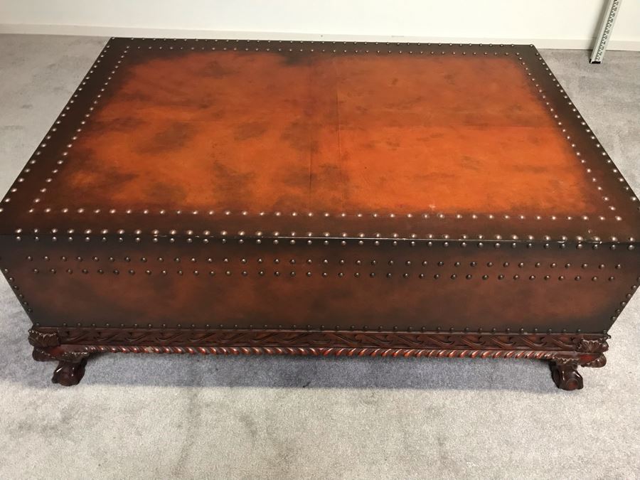 Stunning Ralph Lauren Coffee Table Decorated With Brass Nail Heads And Ball And Claw Feet With Two Side Drawers [Photo 5]