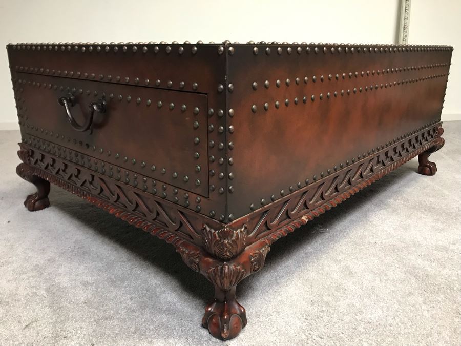 Stunning Ralph Lauren Coffee Table Decorated With Brass Nail Heads And Ball And Claw Feet With Two Side Drawers [Photo 13]