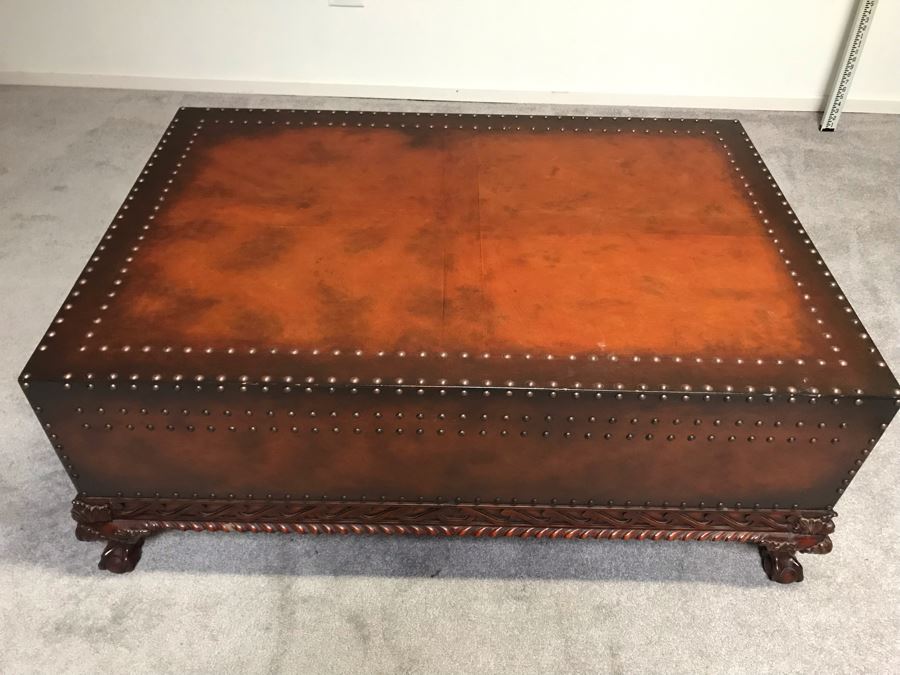 Stunning Ralph Lauren Coffee Table Decorated With Brass Nail Heads And Ball And Claw Feet With Two Side Drawers [Photo 6]