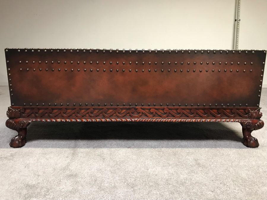 Stunning Ralph Lauren Coffee Table Decorated With Brass Nail Heads And Ball And Claw Feet With Two Side Drawers [Photo 9]