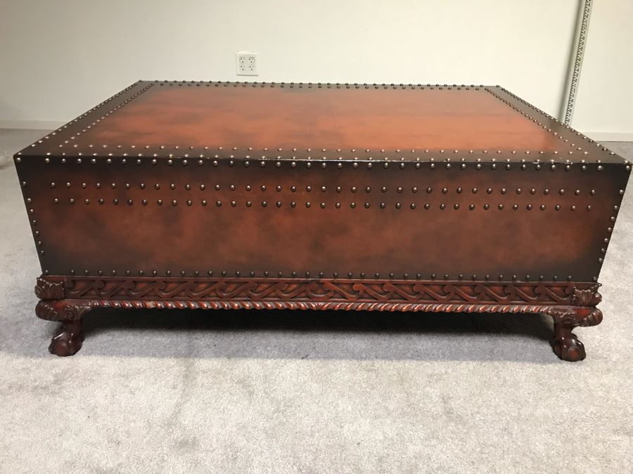 Stunning Ralph Lauren Coffee Table Decorated With Brass Nail Heads And Ball And Claw Feet With Two Side Drawers [Photo 3]