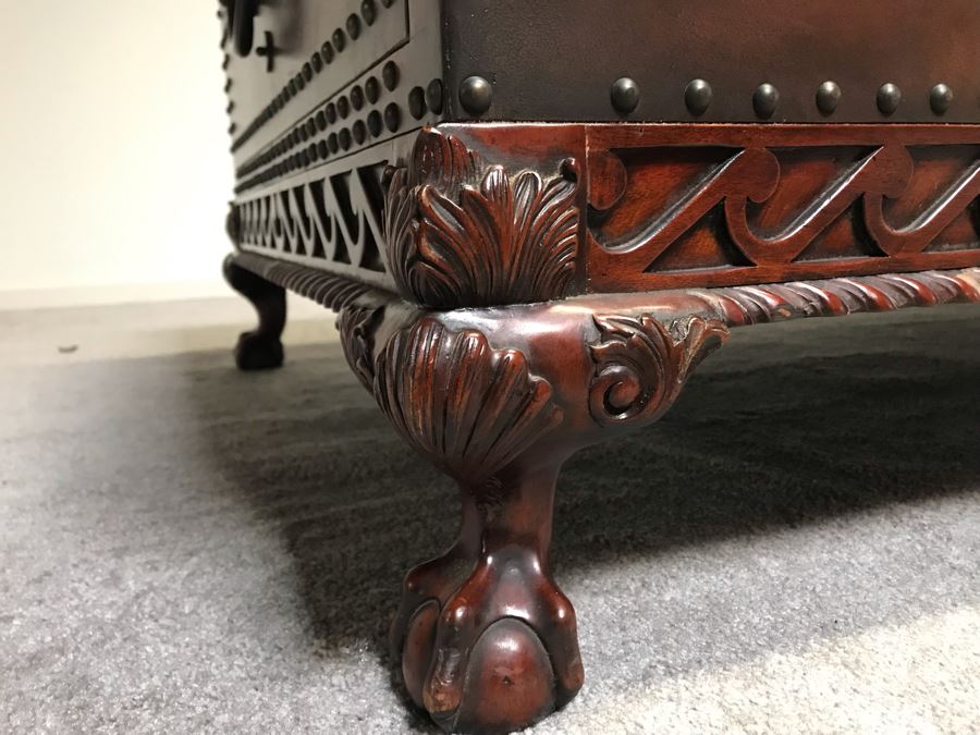 Stunning Ralph Lauren Coffee Table Decorated With Brass Nail Heads And Ball And Claw Feet With Two Side Drawers [Photo 11]
