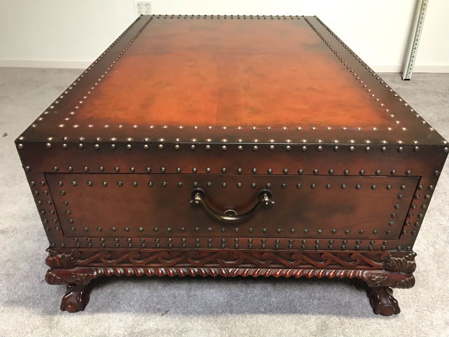 Stunning Ralph Lauren Coffee Table Decorated With Brass Nail Heads And Ball And Claw Feet With Two Side Drawers [Photo 20]