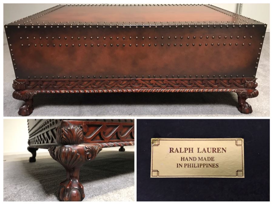 Stunning Ralph Lauren Coffee Table Decorated With Brass Nail Heads And Ball And Claw Feet With Two Side Drawers