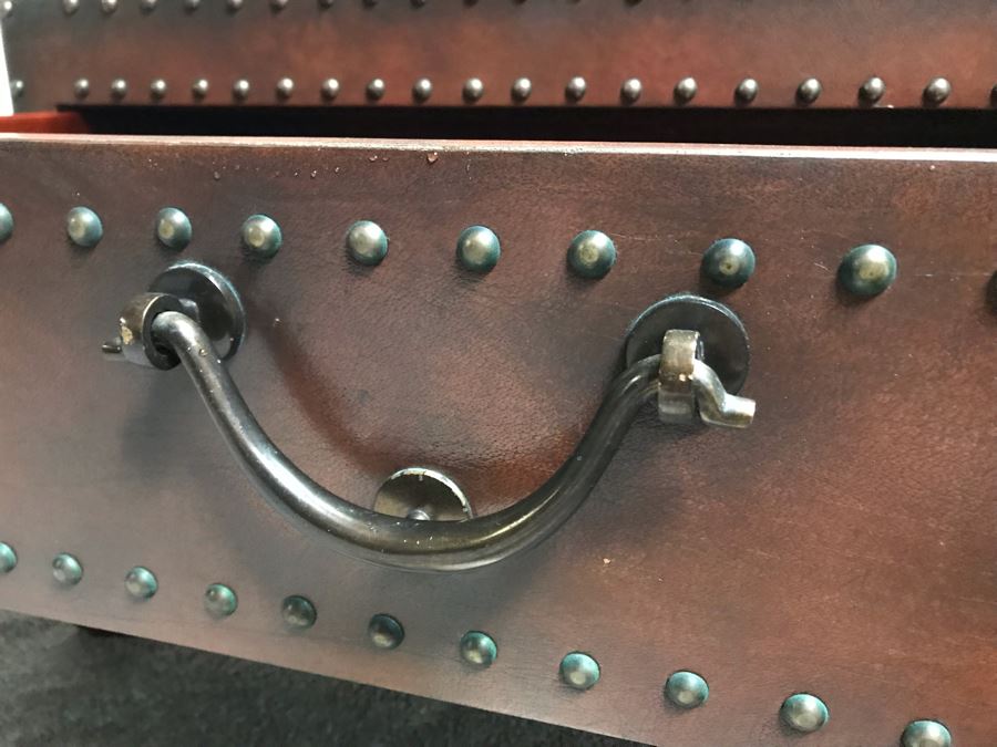 Stunning Ralph Lauren Coffee Table Decorated With Brass Nail Heads And Ball And Claw Feet With Two Side Drawers [Photo 14]