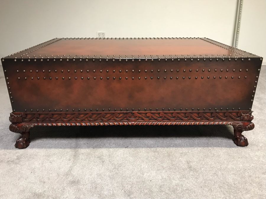 Stunning Ralph Lauren Coffee Table Decorated With Brass Nail Heads And Ball And Claw Feet With Two Side Drawers [Photo 4]