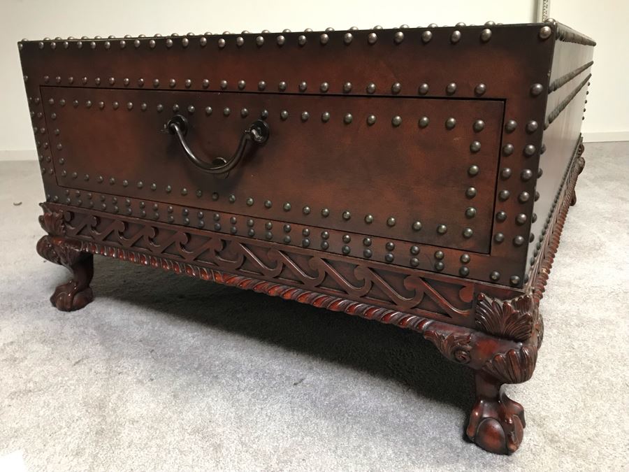 Stunning Ralph Lauren Coffee Table Decorated With Brass Nail Heads And Ball And Claw Feet With Two Side Drawers [Photo 17]