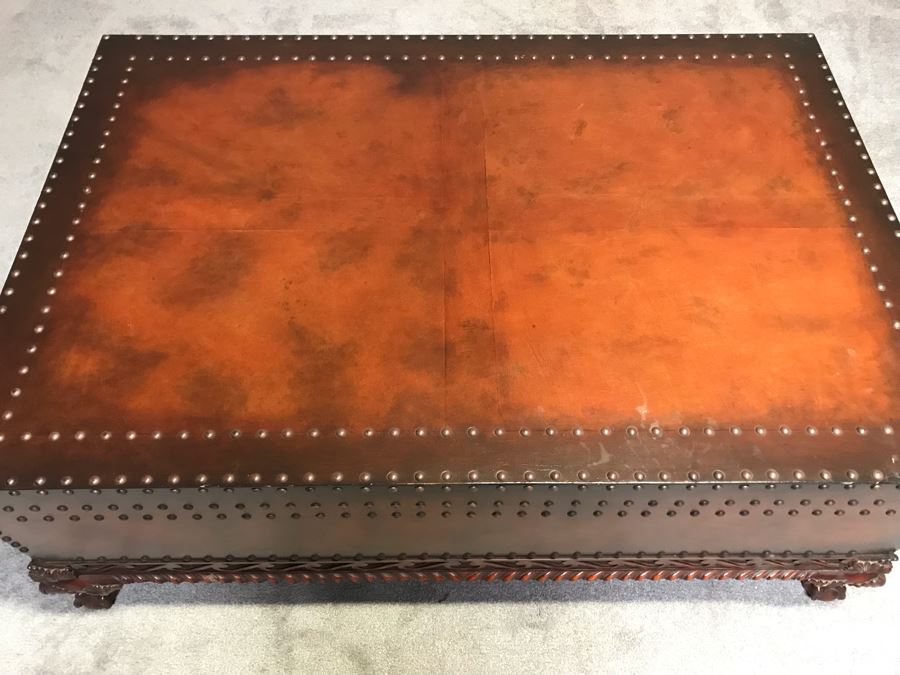 Stunning Ralph Lauren Coffee Table Decorated With Brass Nail Heads And Ball And Claw Feet With Two Side Drawers [Photo 7]