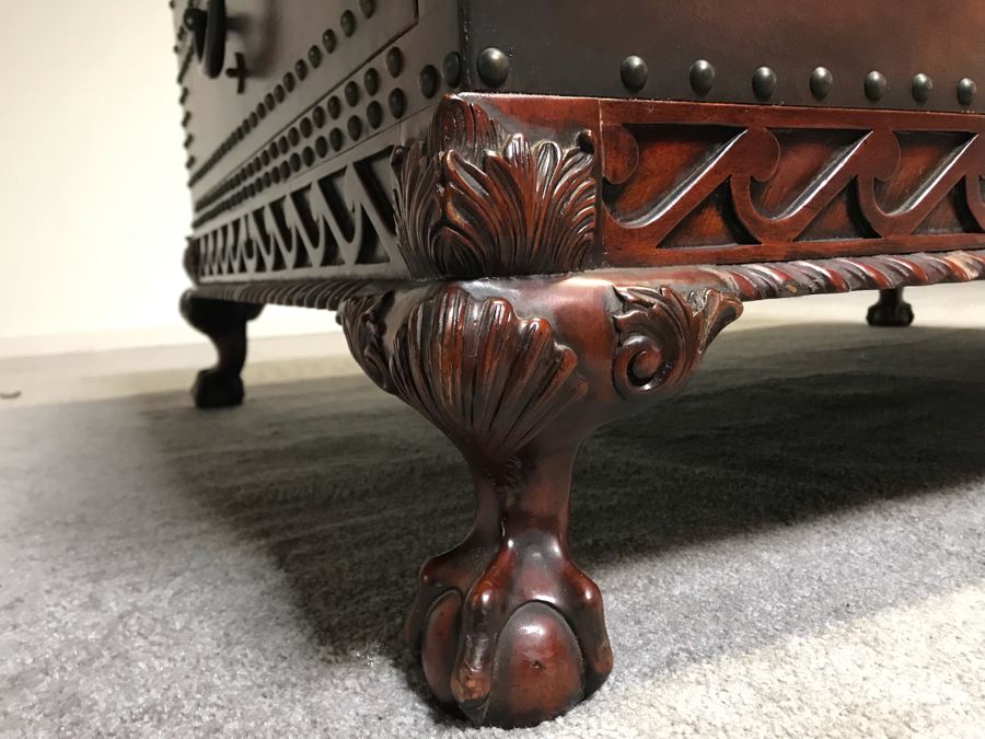 Stunning Ralph Lauren Coffee Table Decorated With Brass Nail Heads And Ball And Claw Feet With Two Side Drawers [Photo 12]