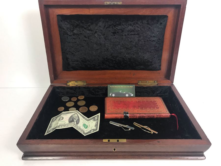 Antique Wooden Sewing Box With Brass Inlay, 1976 Two-Dollar Bill, Pair Of Vintage Tie Clips, Various English Coins - See Photos [Photo 6]