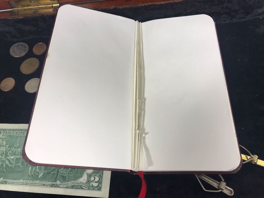 Antique Wooden Sewing Box With Brass Inlay, 1976 Two-Dollar Bill, Pair Of Vintage Tie Clips, Various English Coins - See Photos [Photo 23]