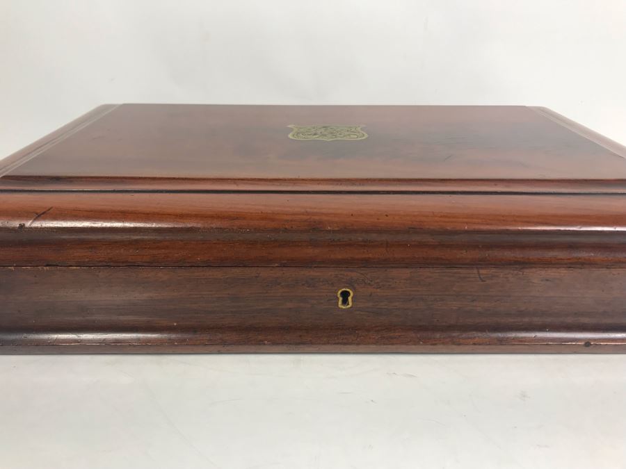 Antique Wooden Sewing Box With Brass Inlay, 1976 Two-Dollar Bill, Pair Of Vintage Tie Clips, Various English Coins - See Photos [Photo 30]